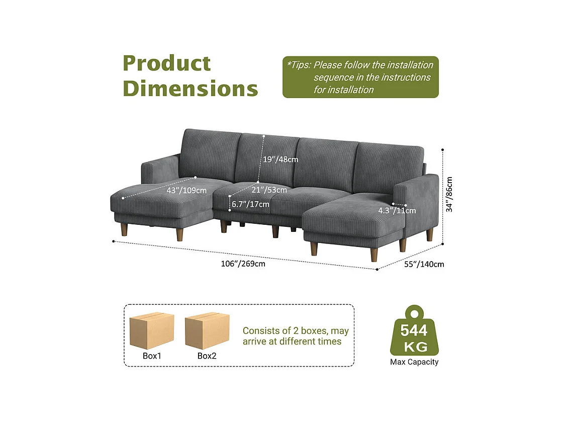 Grand canapé d'angle panoramique - 4 places - méridienne 109cm - en velours côtelé - 269x140x86 - Gris