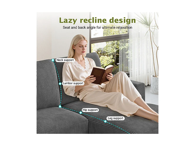 Grand canapé d'angle panoramique - 4 places - méridienne 109cm - en velours côtelé - 269x140x86 - Gris