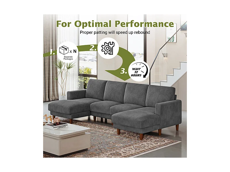 Grand canapé d'angle panoramique - 4 places - méridienne 109cm - en velours côtelé - 269x140x86 - Gris