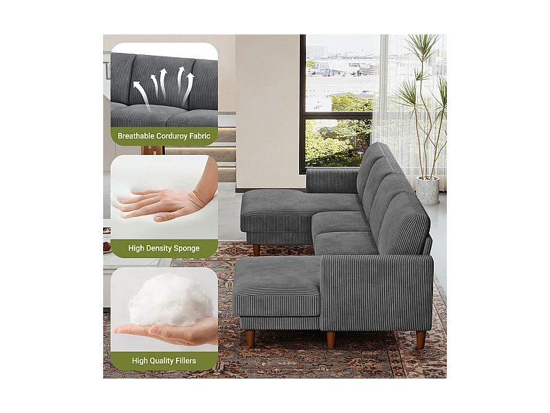 Grand canapé d'angle panoramique - 4 places - méridienne 109cm - en velours côtelé - 269x140x86 - Gris