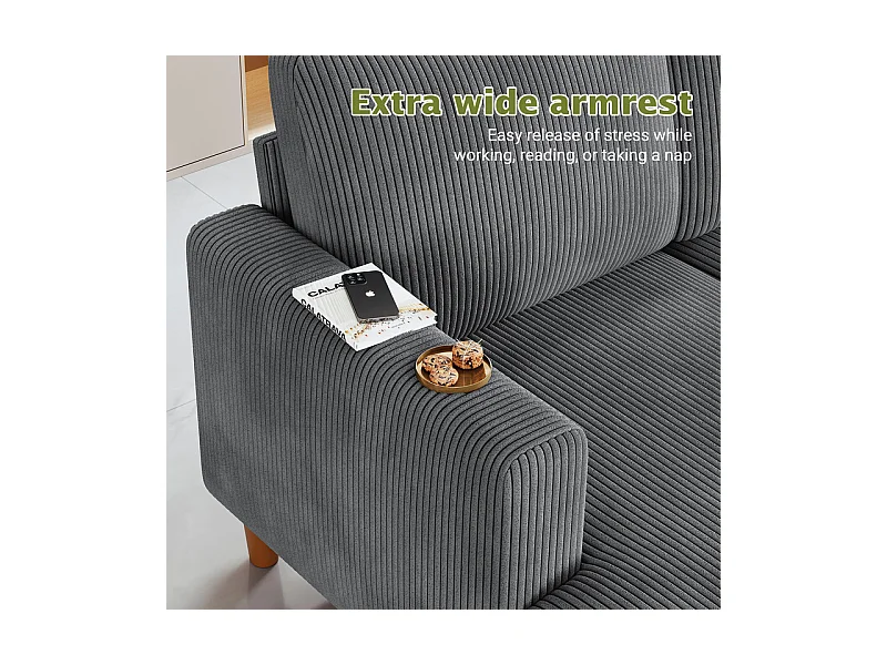 Grand canapé d'angle panoramique - 4 places - méridienne 109cm - en velours côtelé - 269x140x86 - Gris