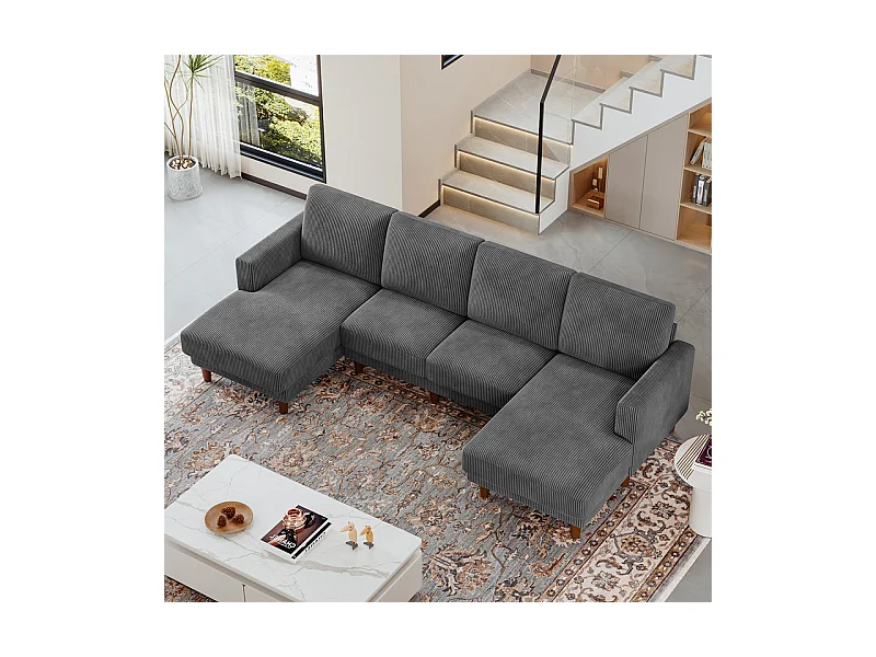 Grand canapé d'angle panoramique - 4 places - méridienne 109cm - en velours côtelé - 269x140x86 - Gris