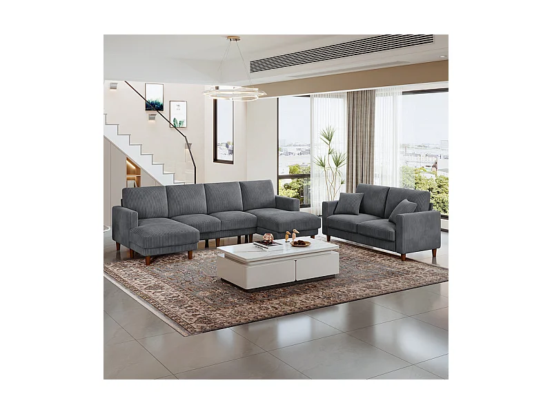 Grand canapé d'angle panoramique - 4 places - méridienne 109cm - en velours côtelé - 269x140x86 - Gris