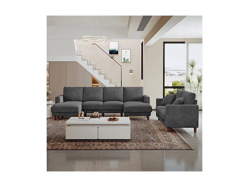 Grand canapé d'angle panoramique - 4 places - méridienne 109cm - en velours côtelé - 269x140x86 - Gris