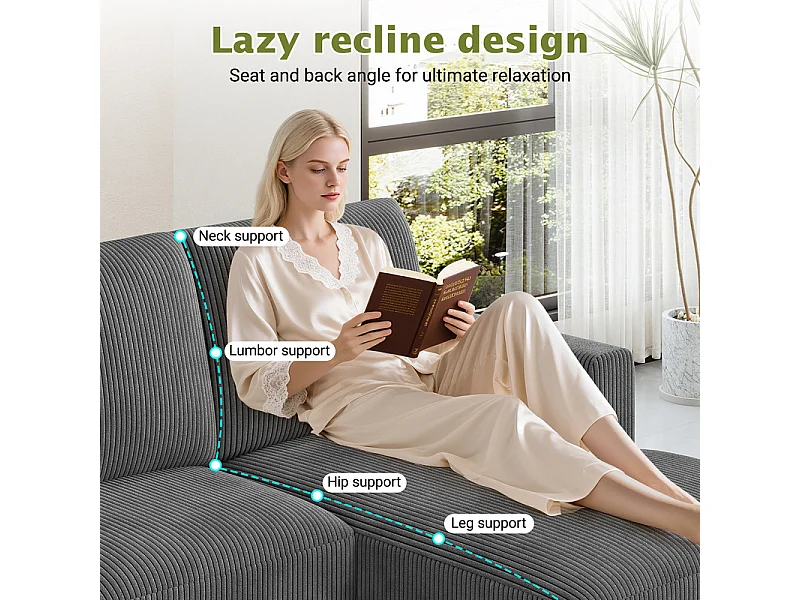 Grand canapé d'angle panoramique - 4 places - méridienne 109cm - en velours côtelé - 269x140x86 - Gris