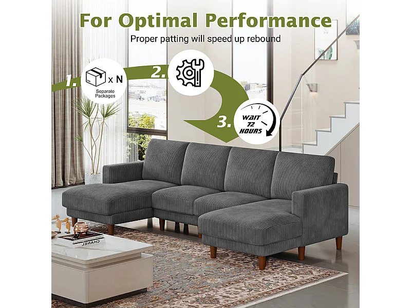 Grand canapé d'angle panoramique - 4 places - méridienne 109cm - en velours côtelé - 269x140x86 - Gris