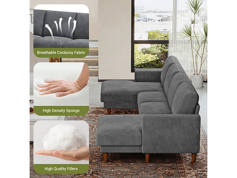 Grand canapé d'angle panoramique - 4 places - méridienne 109cm - en velours côtelé - 269x140x86 - Gris