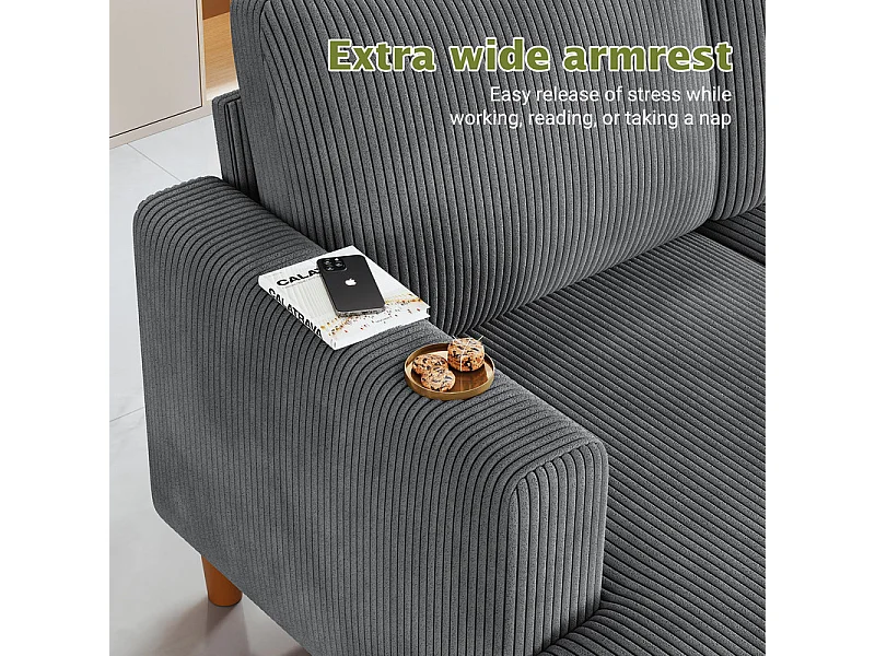 Grand canapé d'angle panoramique - 4 places - méridienne 109cm - en velours côtelé - 269x140x86 - Gris