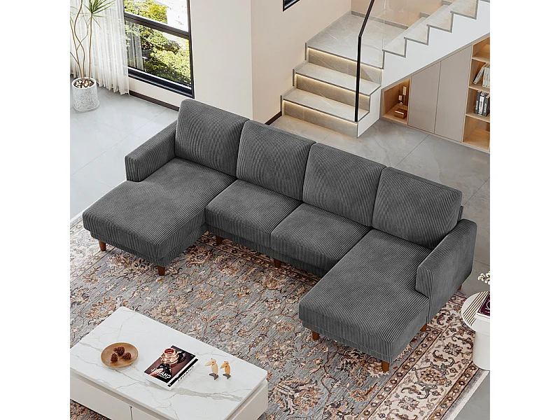 Grand canapé d'angle panoramique - 4 places - méridienne 109cm - en velours côtelé - 269x140x86 - Gris
