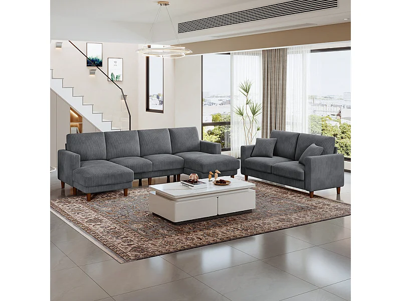 Grand canapé d'angle panoramique - 4 places - méridienne 109cm - en velours côtelé - 269x140x86 - Gris