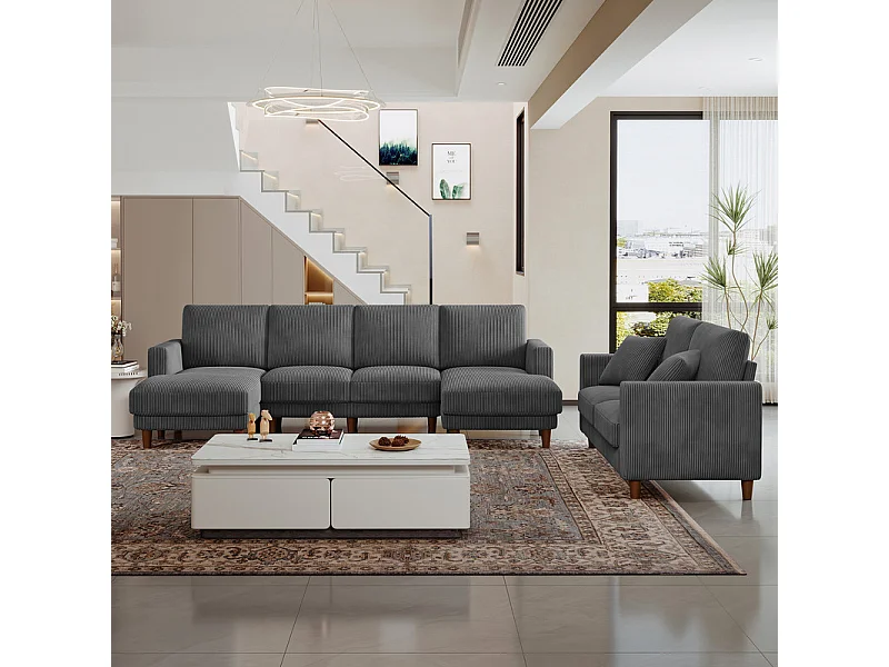 Grand canapé d'angle panoramique - 4 places - méridienne 109cm - en velours côtelé - 269x140x86 - Gris