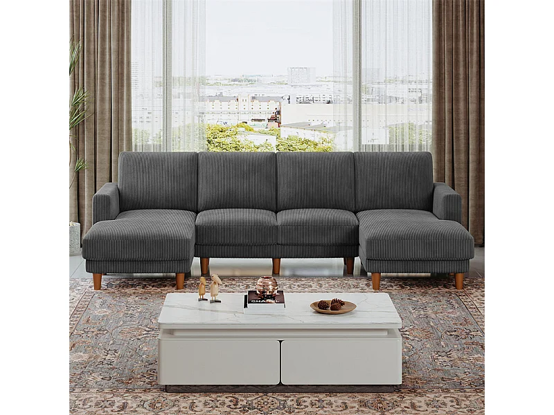 Gran sofá de esquina panorámico - 4 plazas - chaise longue 109cm - de pana - 269x140x86 - Gris