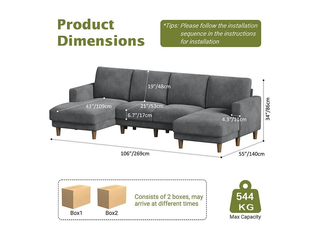 Gran sofá de esquina panorámico - 4 plazas - chaise longue 109cm - de pana - 269x140x86 - Gris