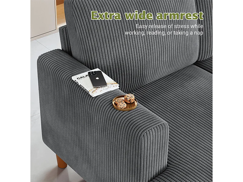 Gran sofá de esquina panorámico - 4 plazas - chaise longue 109cm - de pana - 269x140x86 - Gris
