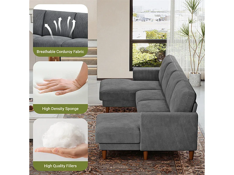 Gran sofá de esquina panorámico - 4 plazas - chaise longue 109cm - de pana - 269x140x86 - Gris