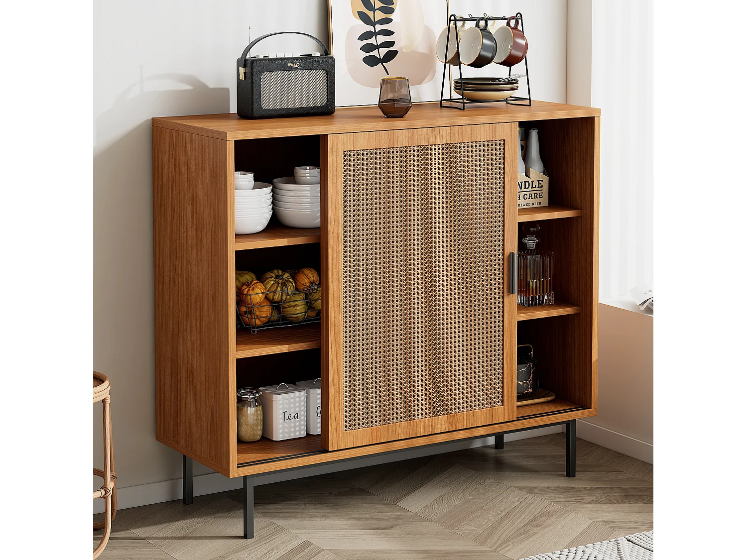 Aparador bajo de madera MDF con puertas correderas de ratán, almacenaje para salón, 3 estantes, 80 kg, color natural