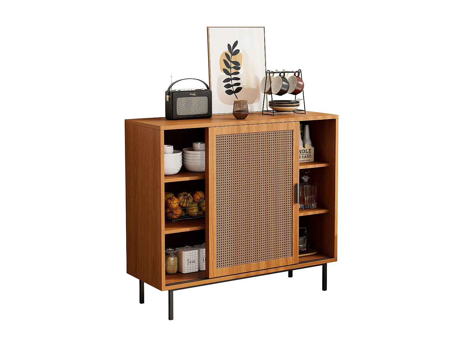 Aparador bajo de madera MDF con puertas correderas de ratán, almacenaje para salón, 3 estantes, 80 kg, color natural
