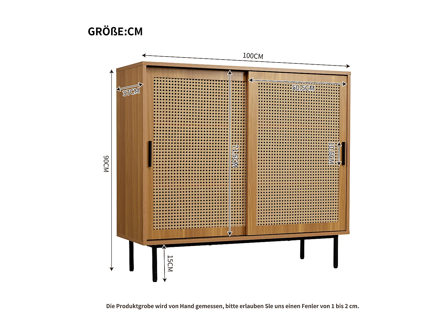 Aparador bajo de madera MDF con puertas correderas de ratán, almacenaje para salón, 3 estantes, 80 kg, color natural