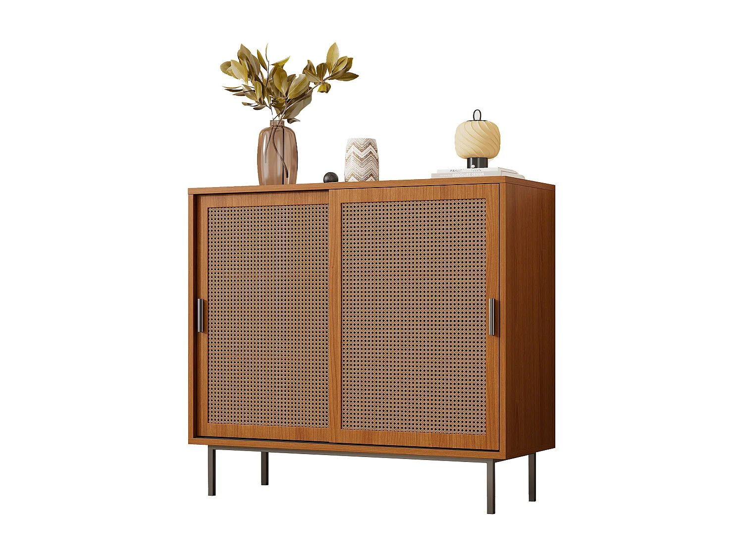 Aparador bajo de madera MDF con puertas correderas de ratán, almacenaje para salón, 3 estantes, 80 kg, color natural