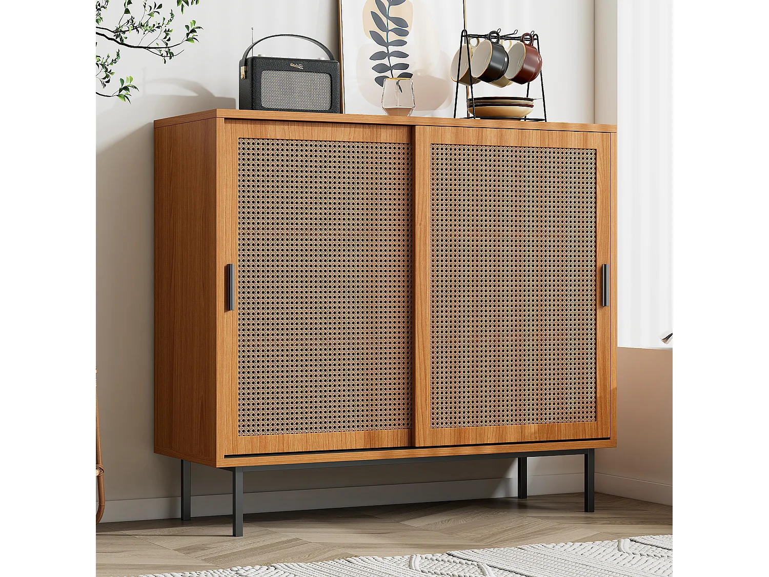 Aparador bajo de madera MDF con puertas correderas de ratán, almacenaje para salón, 3 estantes, 80 kg, color natural
