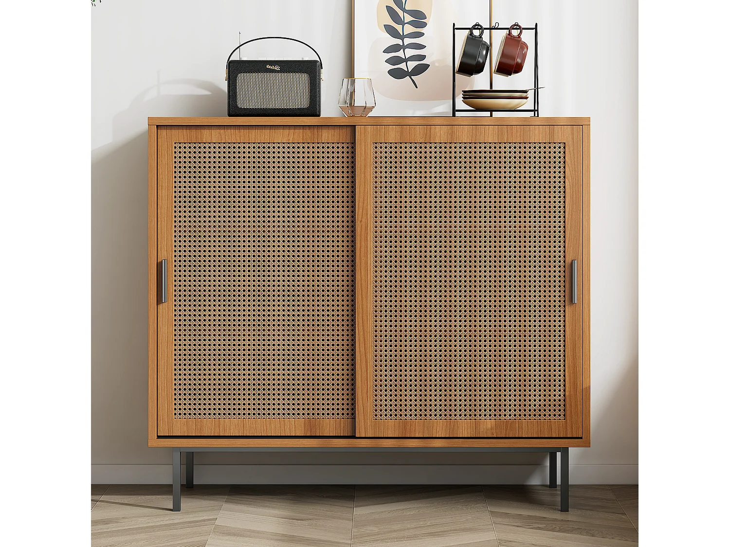 Aparador bajo de madera MDF con puertas correderas de ratán, almacenaje para salón, 3 estantes, 80 kg, color natural