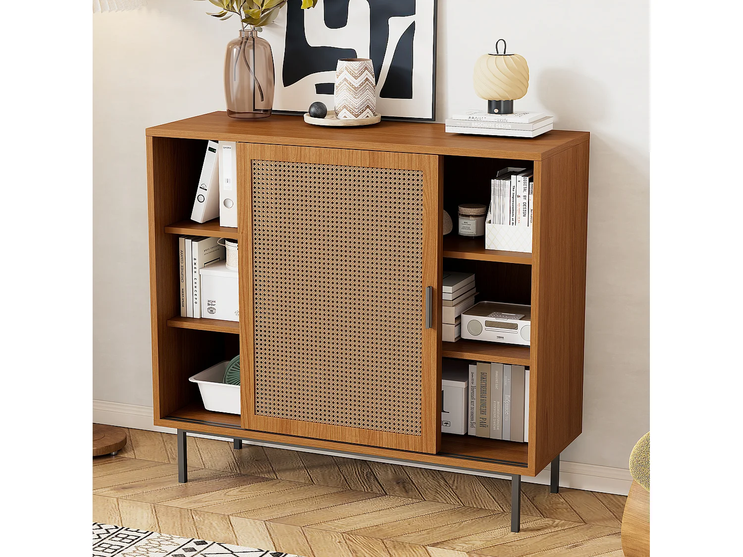 Aparador bajo de madera MDF con puertas correderas de ratán, almacenaje para salón, 3 estantes, 80 kg, color natural
