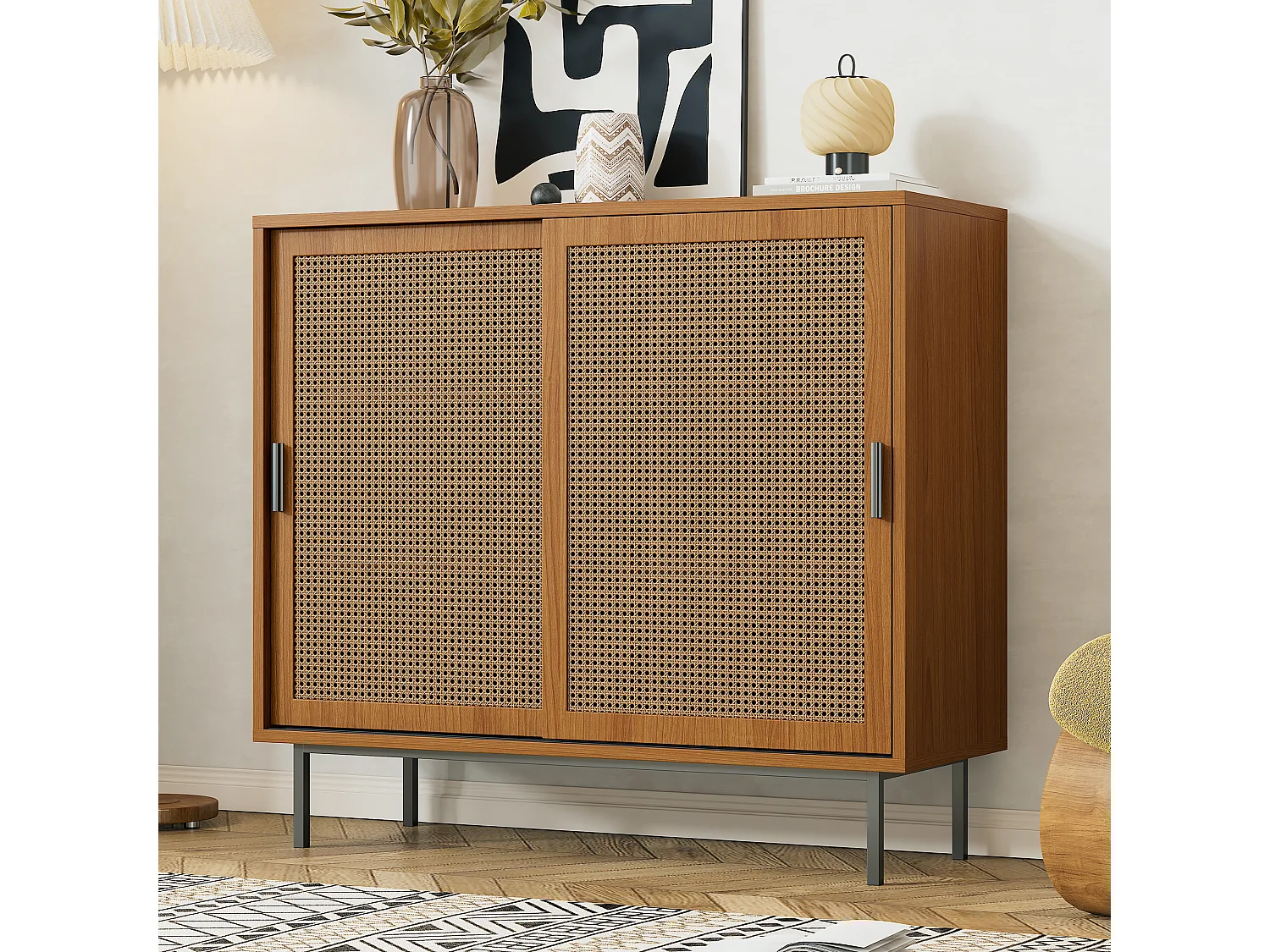 Aparador bajo de madera MDF con puertas correderas de ratán, almacenaje para salón, 3 estantes, 80 kg, color natural