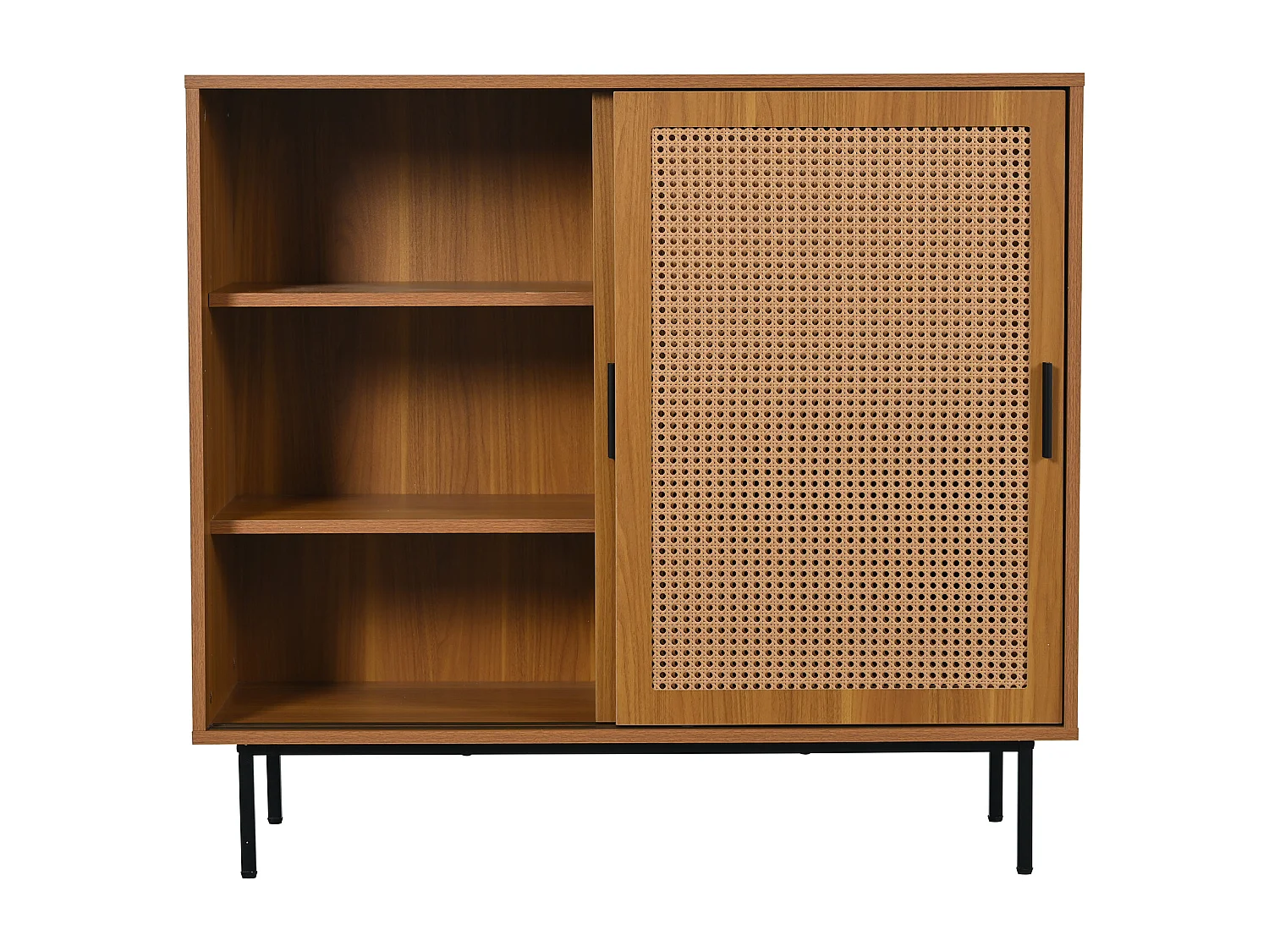 Aparador bajo de madera MDF con puertas correderas de ratán, almacenaje para salón, 3 estantes, 80 kg, color natural