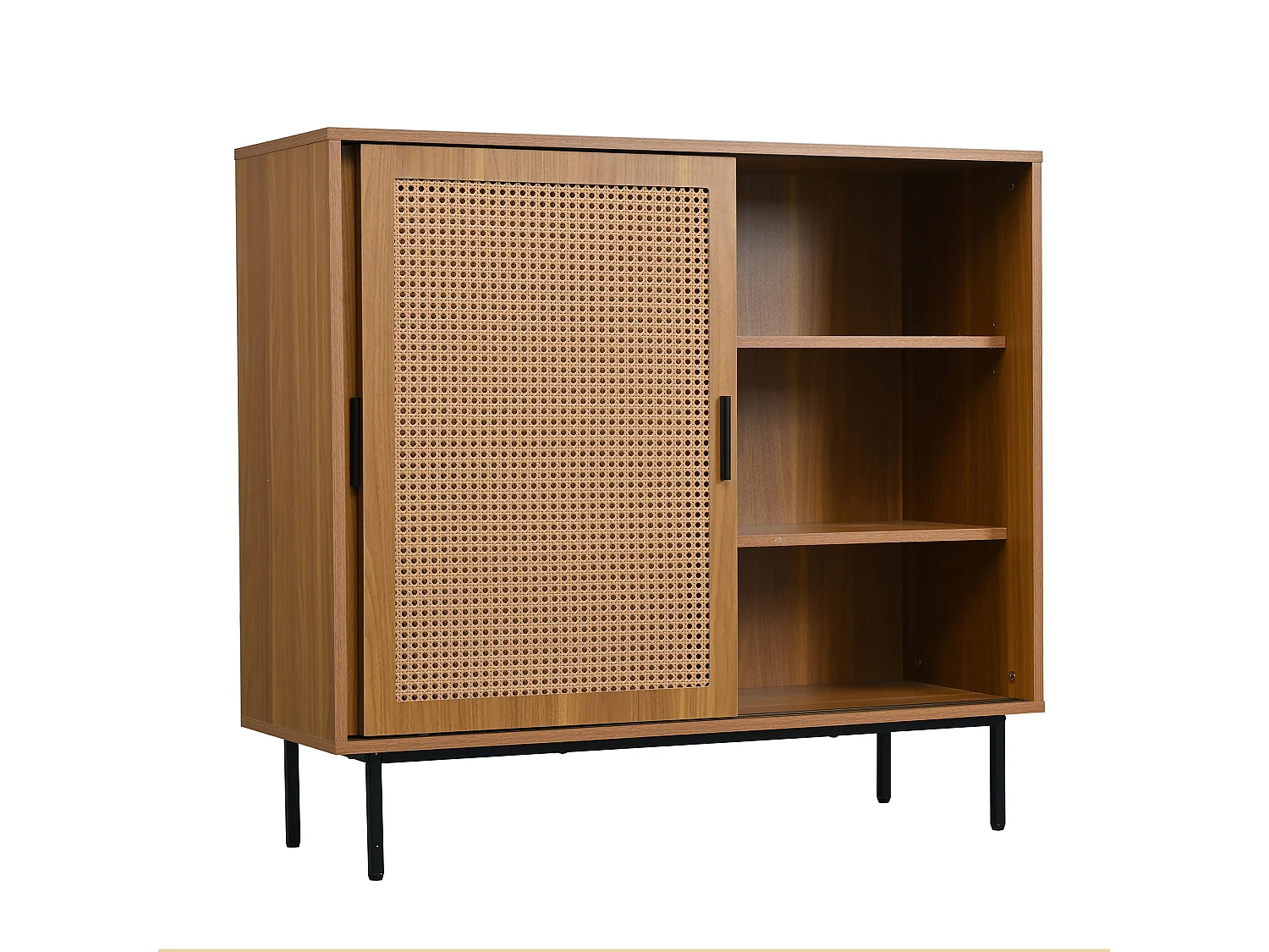 Aparador bajo de madera MDF con puertas correderas de ratán, almacenaje para salón, 3 estantes, 80 kg, color natural