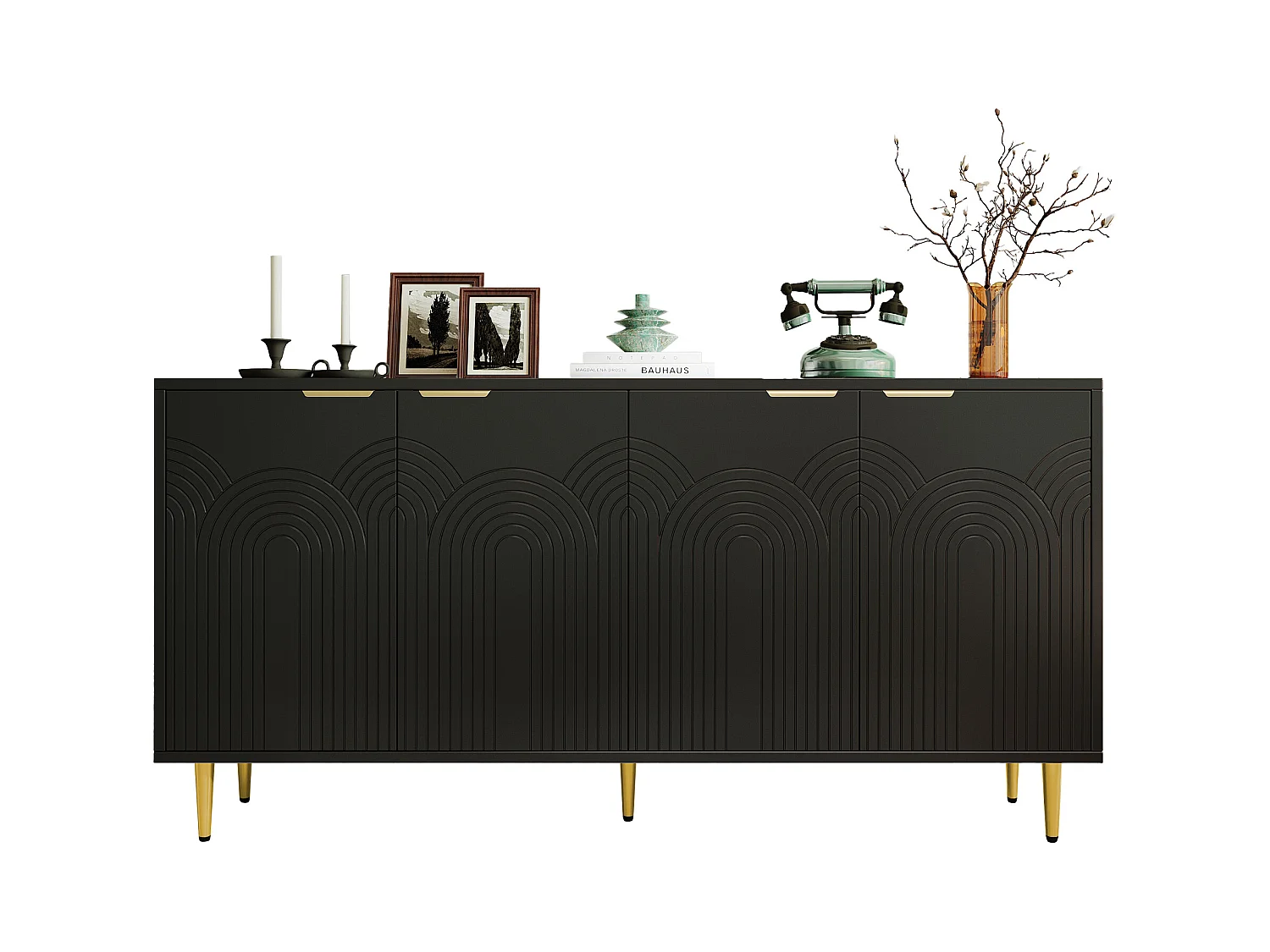 Aparador de design em aglomerado com 4 portas, arrumação para sala de estar, quarto, pés em ouro preto, 160 x 40 x 80 cm