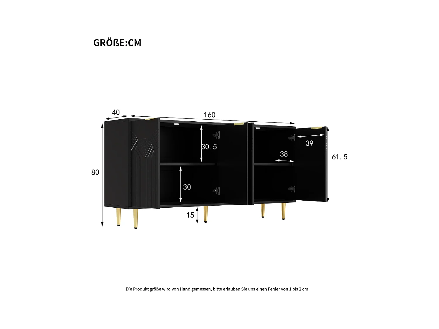 Aparador de design em aglomerado com 4 portas, arrumação para sala de estar, quarto, pés em ouro preto, 160 x 40 x 80 cm