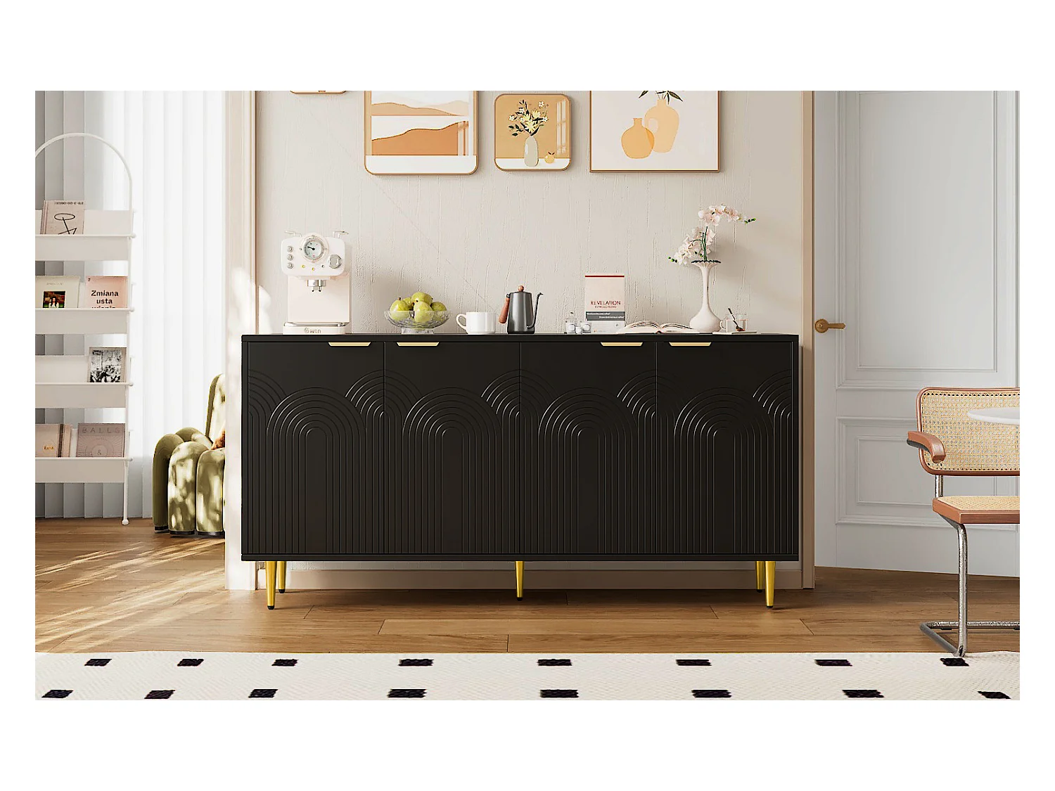 Aparador de design em aglomerado com 4 portas, arrumação para sala de estar, quarto, pés em ouro preto, 160 x 40 x 80 cm