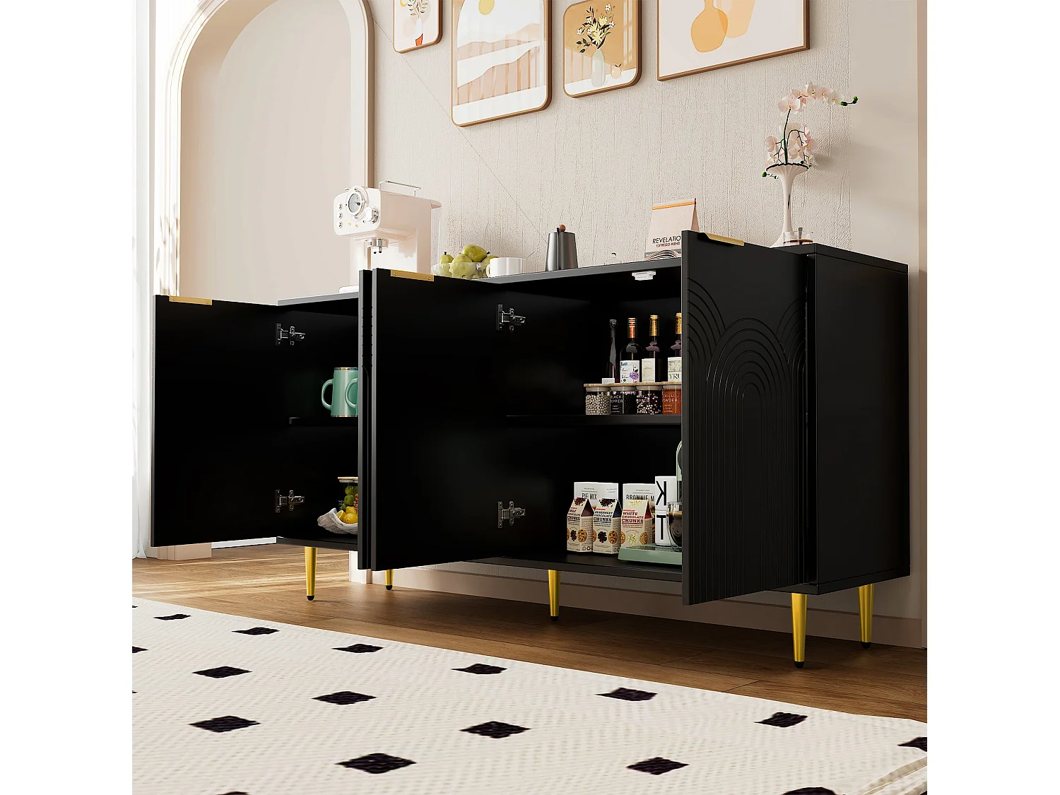 Aparador de design em aglomerado com 4 portas, arrumação para sala de estar, quarto, pés em ouro preto, 160 x 40 x 80 cm