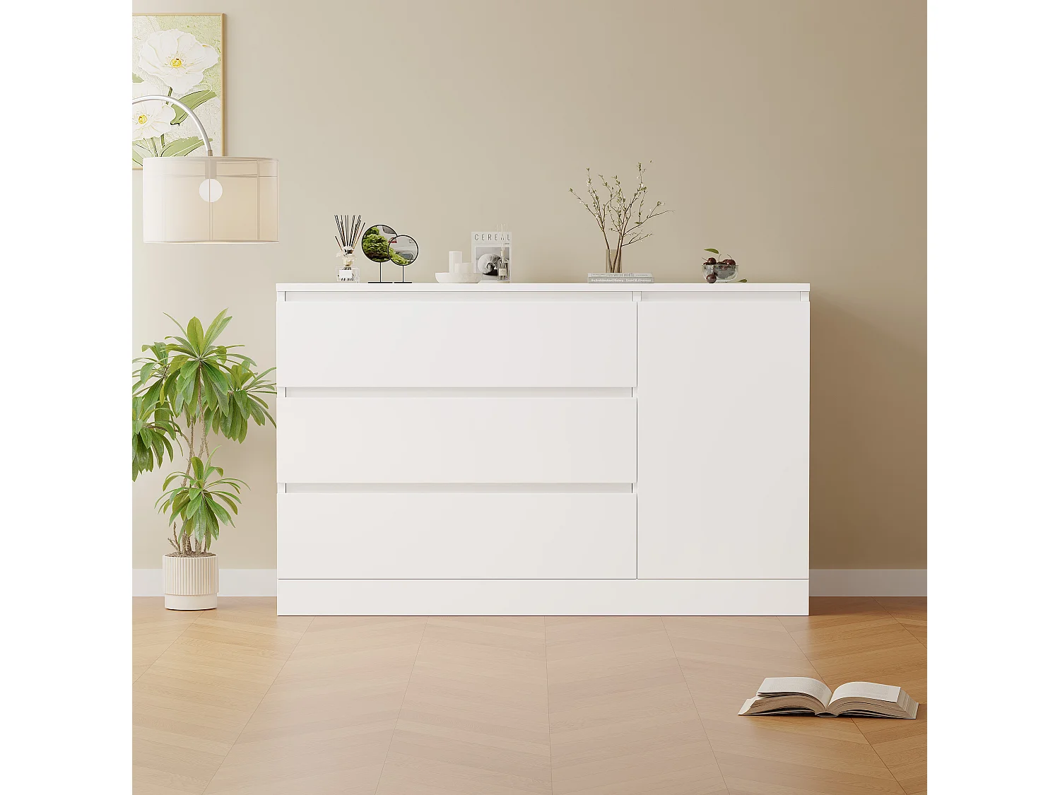 Cómoda de madera ecológica con 5 cajones de gran capacidad para dormitorio y salón, color blanco.