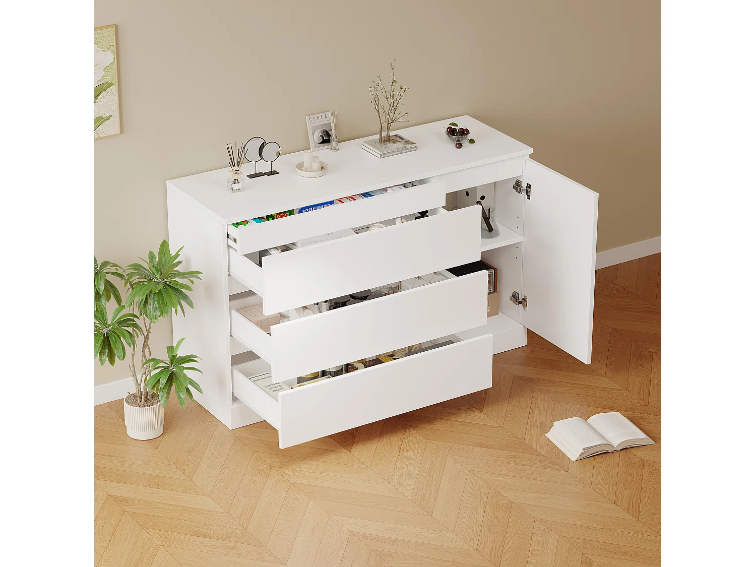 Cómoda de madera ecológica con 5 cajones de gran capacidad para dormitorio y salón, color blanco.