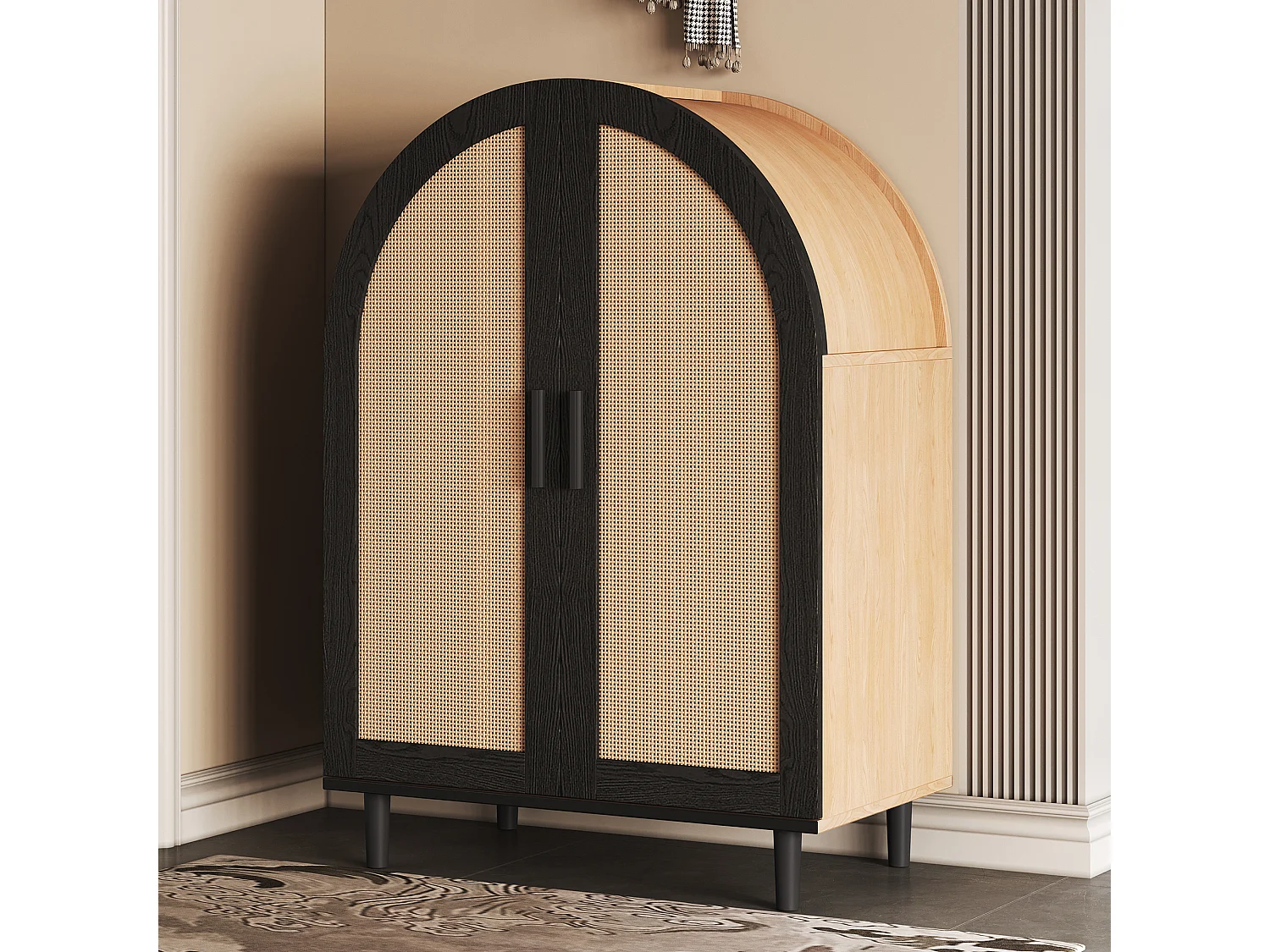 Aparador moderno em madeira MDF com portas de vime e prateleiras ajustáveis para entrada preta 100 cm