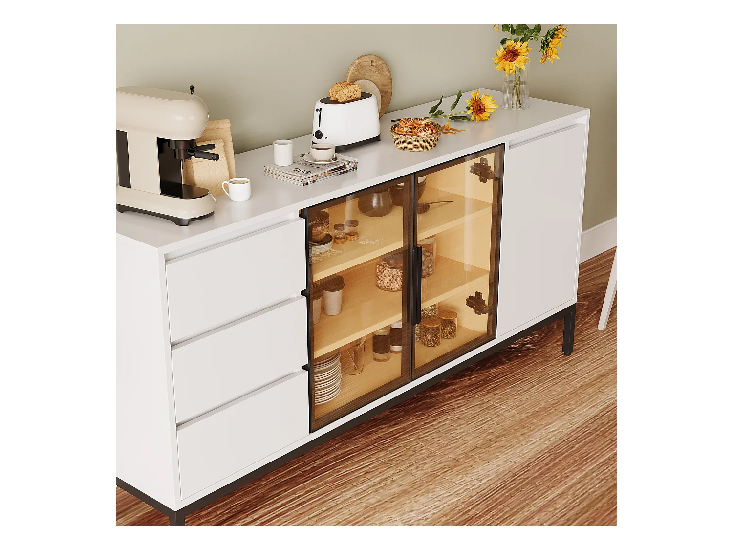 Aparador em MDF branco com 3 gavetas e 2 armários, cozinha sala de estar 120 cm