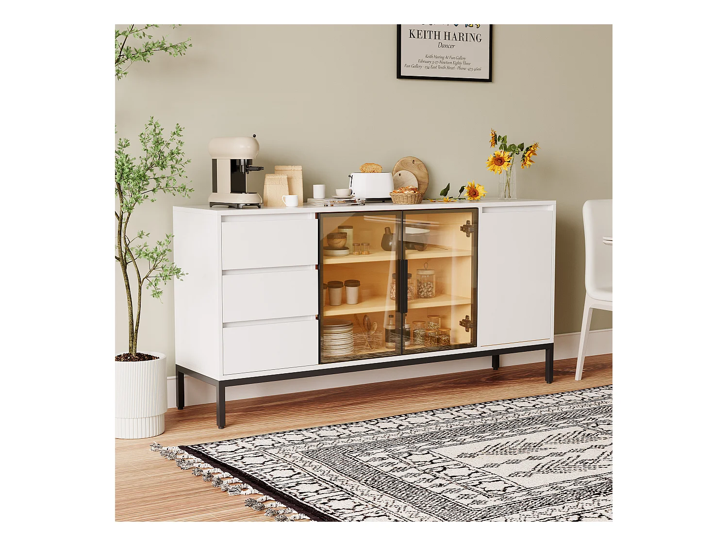 Aparador em MDF branco com 3 gavetas e 2 armários, cozinha sala de estar 120 cm