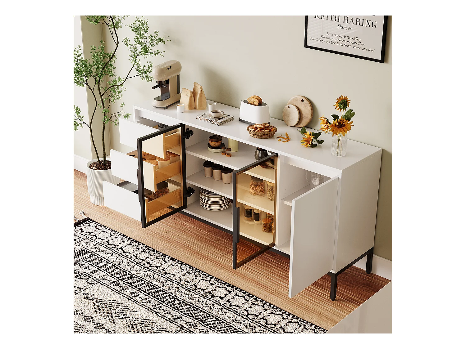 Aparador em MDF branco com 3 gavetas e 2 armários, cozinha sala de estar 120 cm