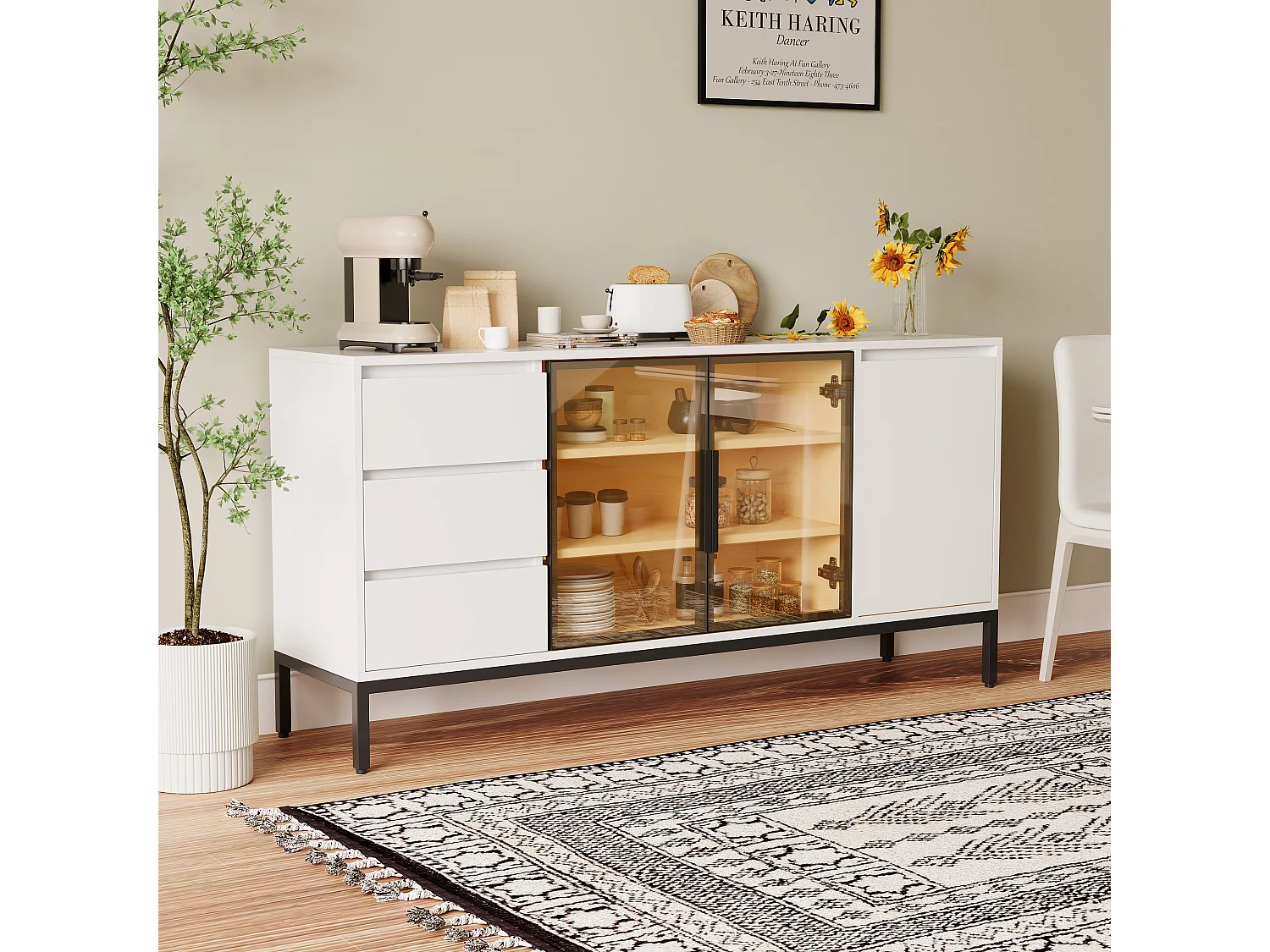 Aparador de MDF blanco con 3 cajones y 2 armarios, almacenaje cocina salón 120 cm