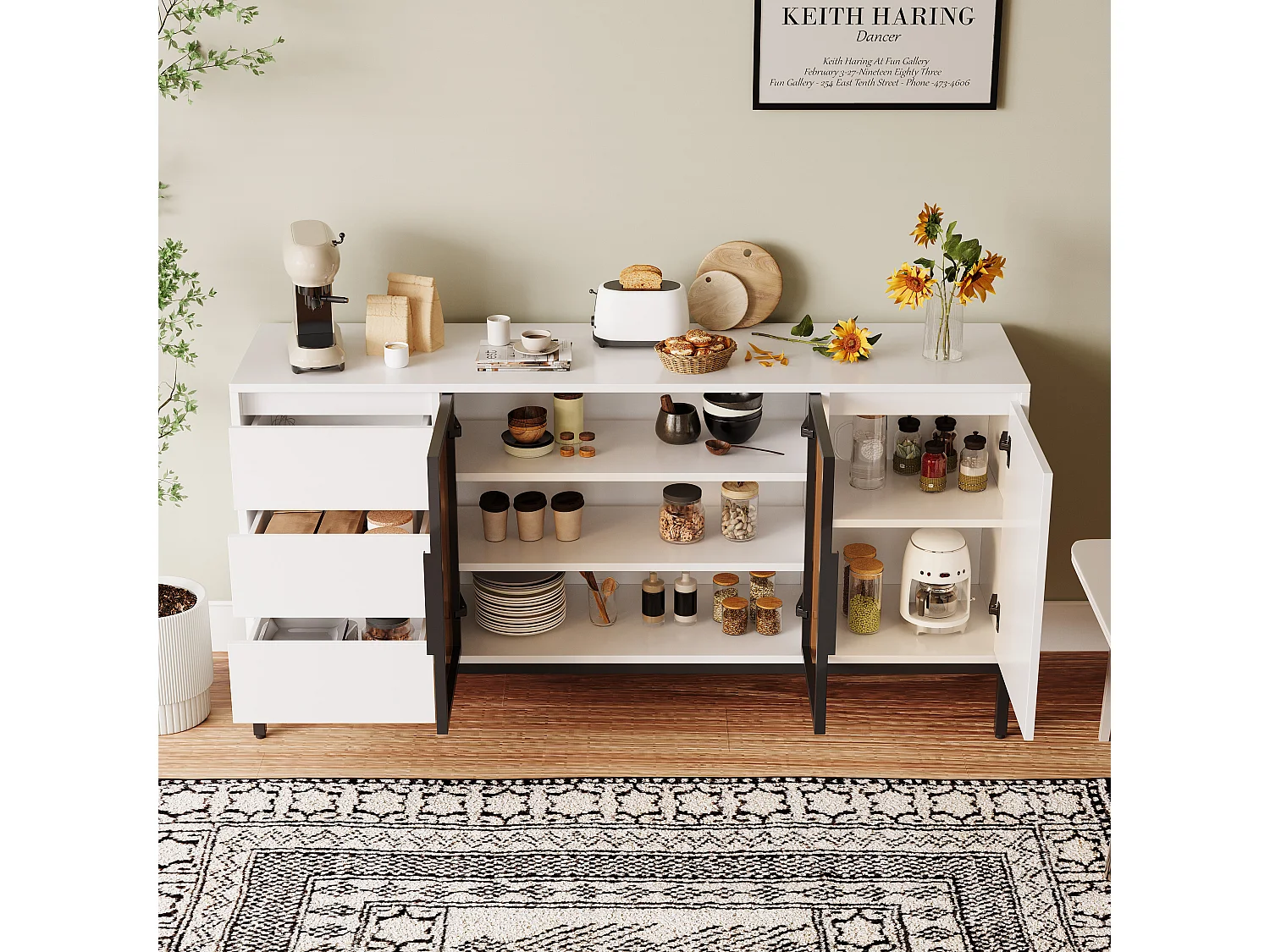 Aparador de MDF blanco con 3 cajones y 2 armarios, almacenaje cocina salón 120 cm