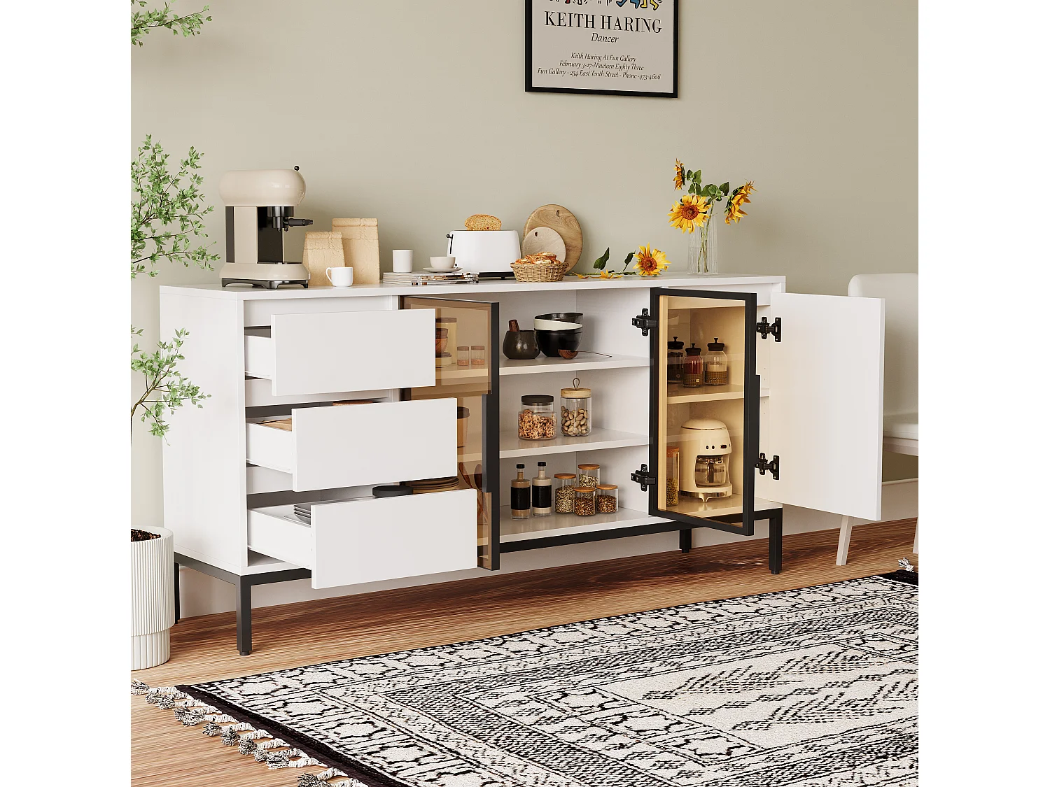 Aparador de MDF blanco con 3 cajones y 2 armarios, almacenaje cocina salón 120 cm