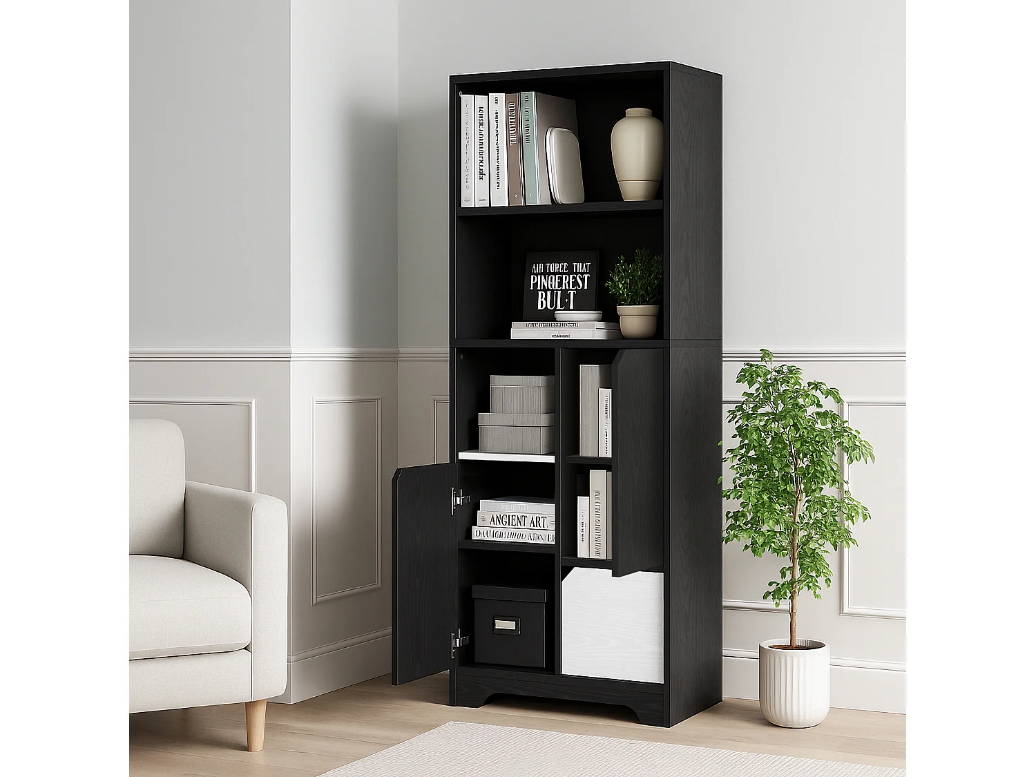 Bibliothèque en Panneau Bois avec Étagères Ouvertes et Rangement Fermé pour Salon Chambre 160 cm