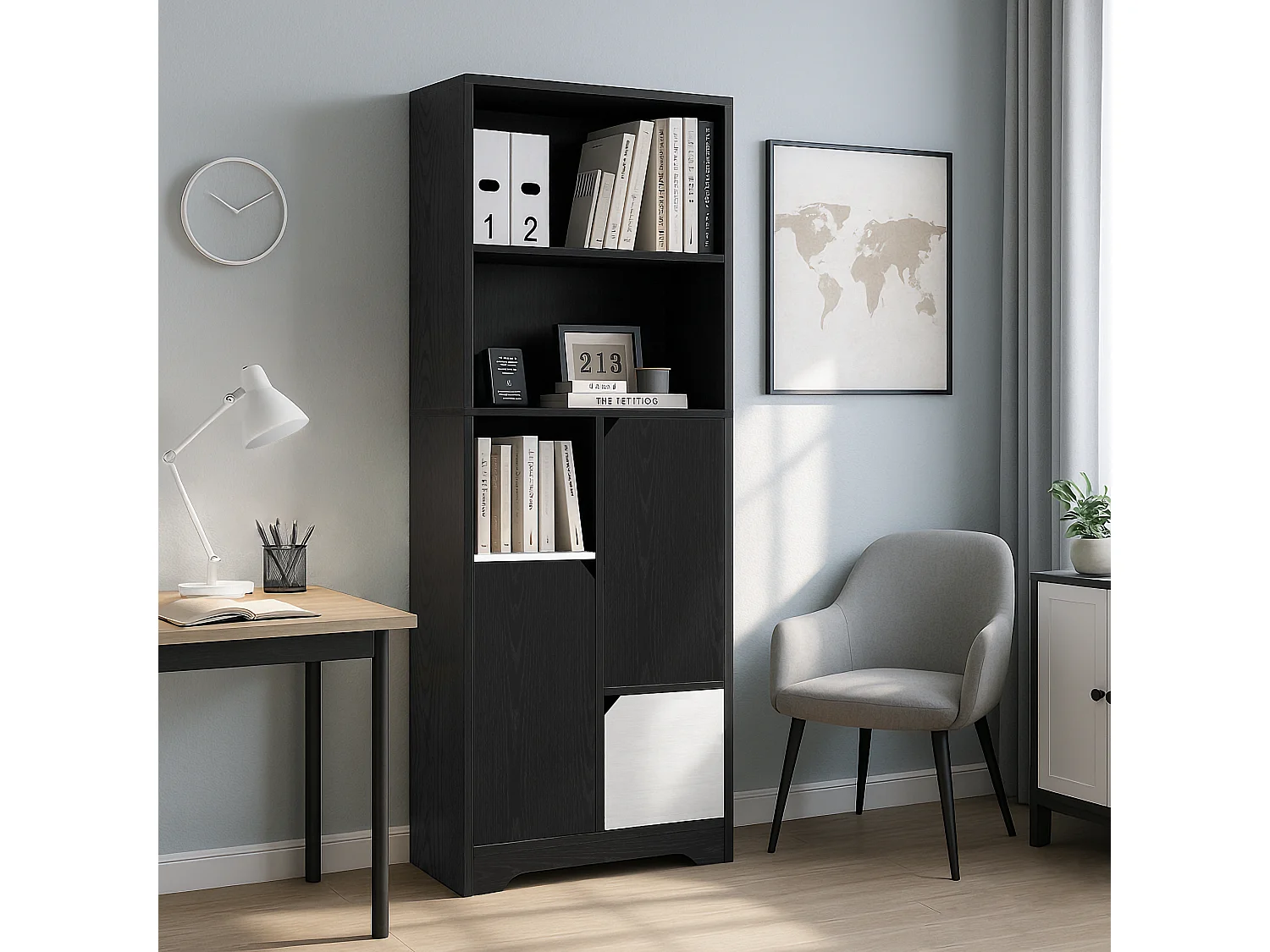 Bibliothèque en Panneau Bois avec Étagères Ouvertes et Rangement Fermé pour Salon Chambre 160 cm