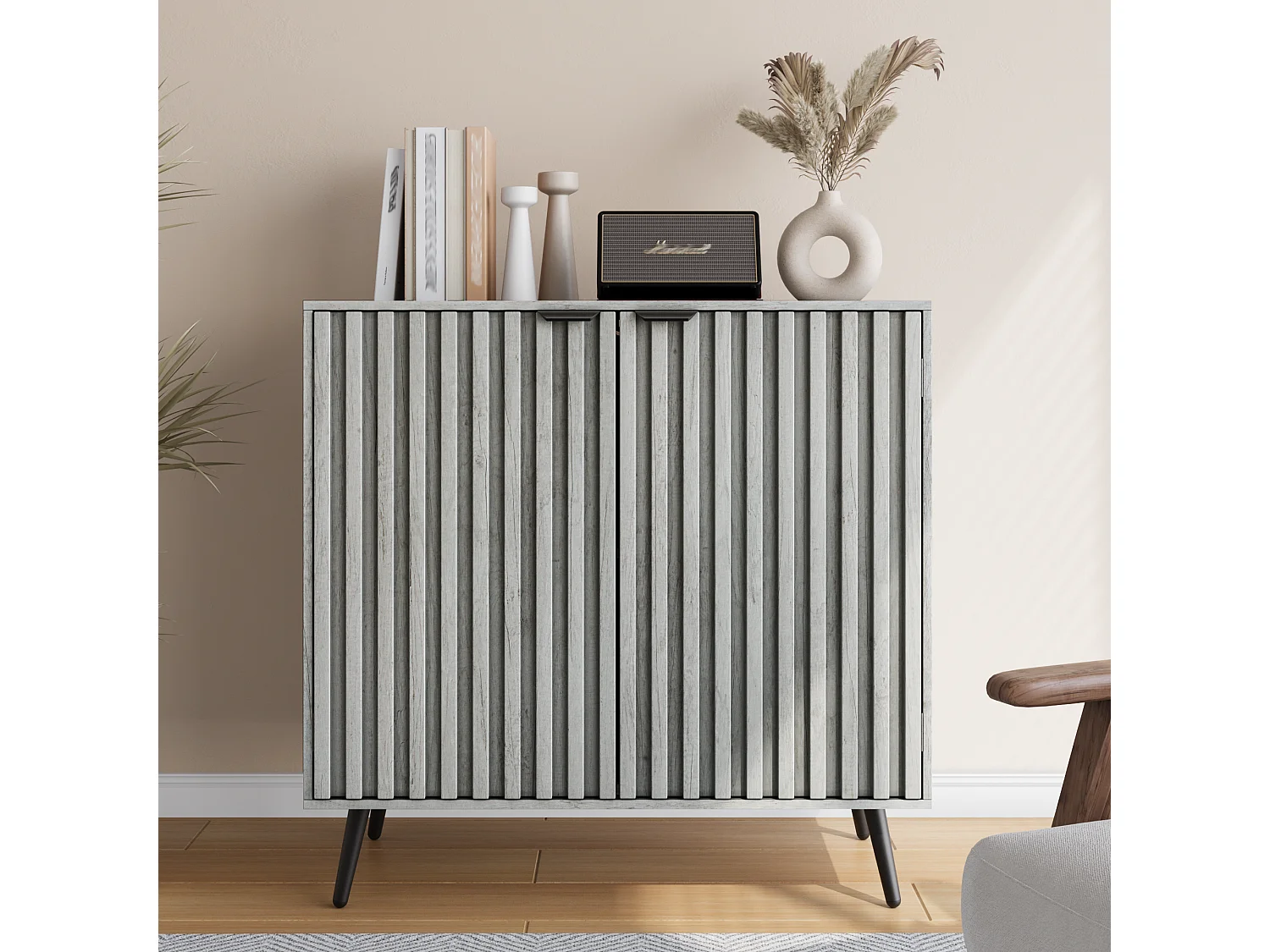 Buffet rainuré bois ingénierie 2 portes grand rangement réglable salon entrée noir