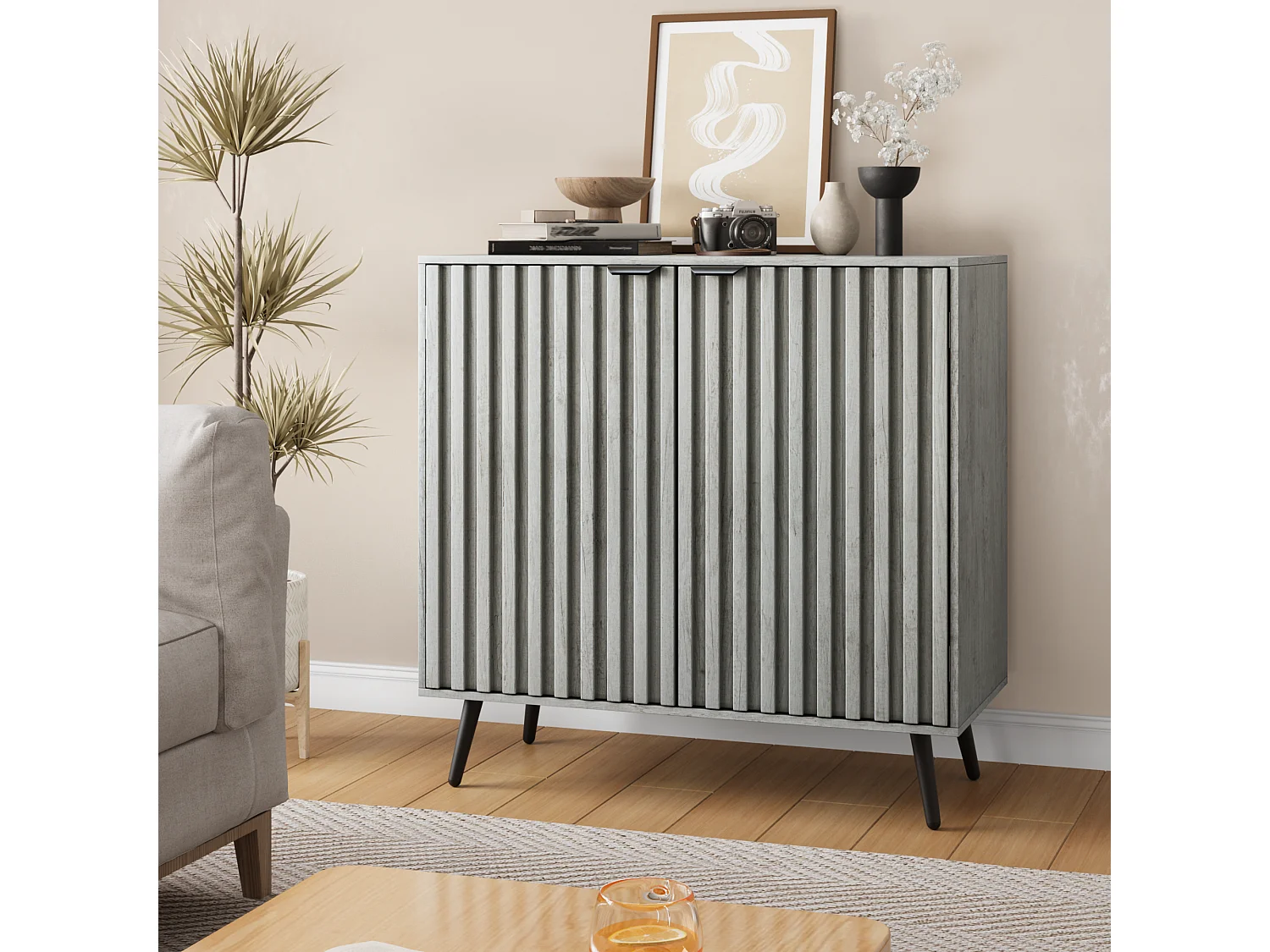 Buffet rainuré bois ingénierie 2 portes grand rangement réglable salon entrée noir