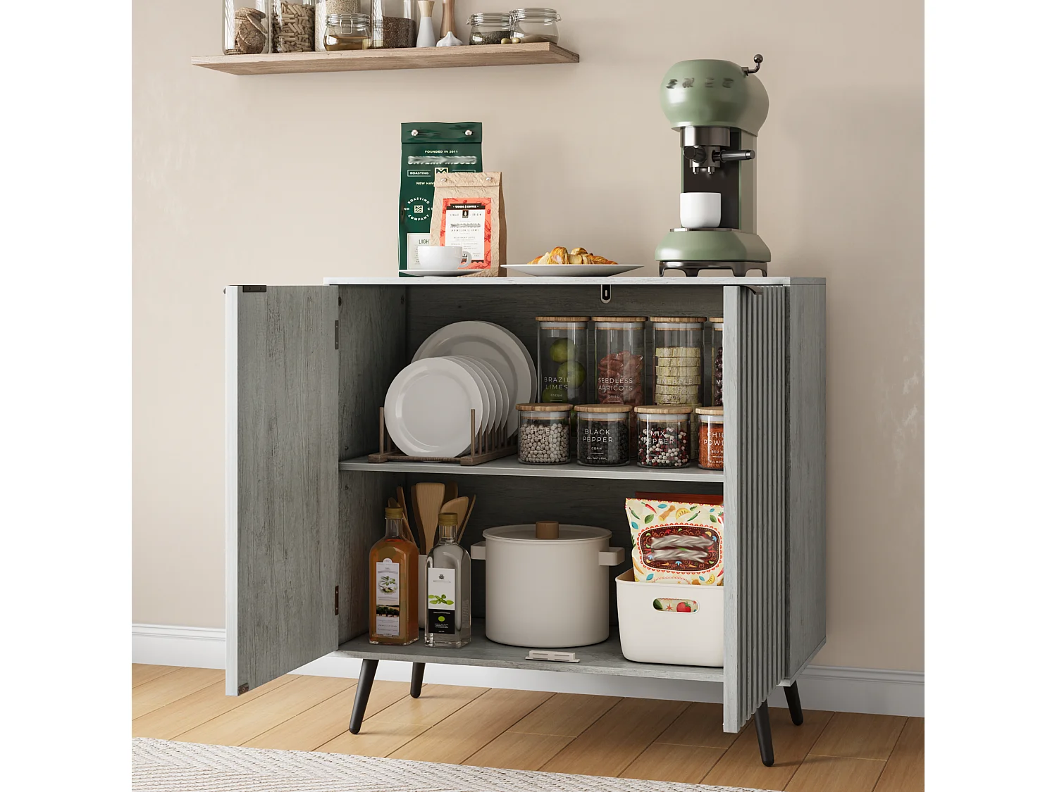 Buffet rainuré bois ingénierie 2 portes grand rangement réglable salon entrée noir