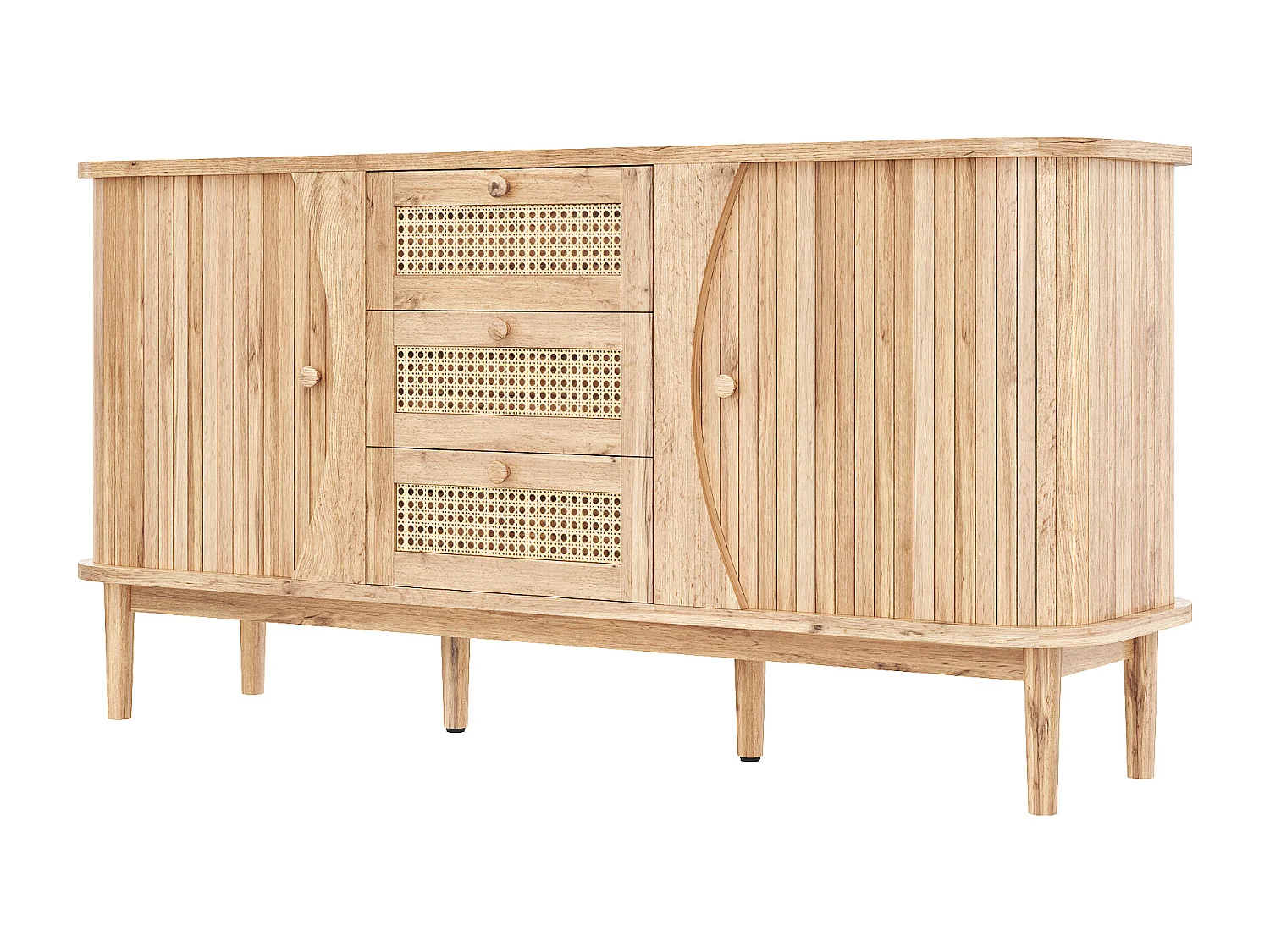 Aparador de madeira com gavetas de vime, 140 cm de arrumação para sala de estar ou sala de jantar, estilo natural