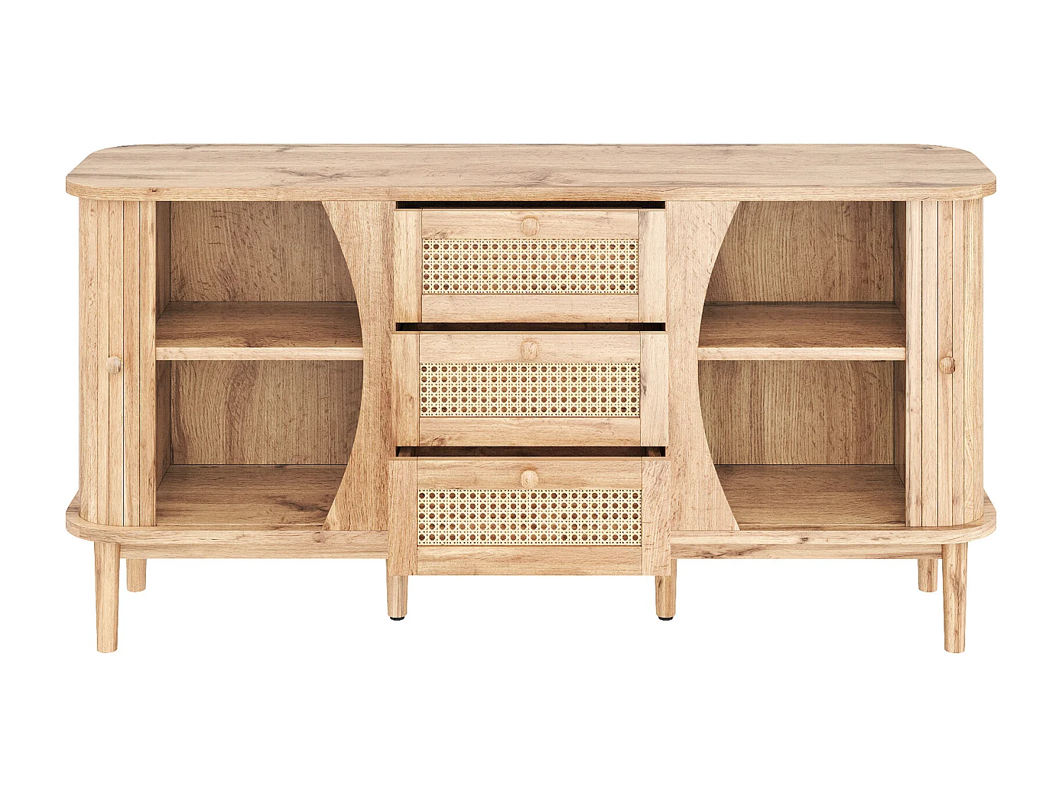 Aparador de madeira com gavetas de vime, 140 cm de arrumação para sala de estar ou sala de jantar, estilo natural