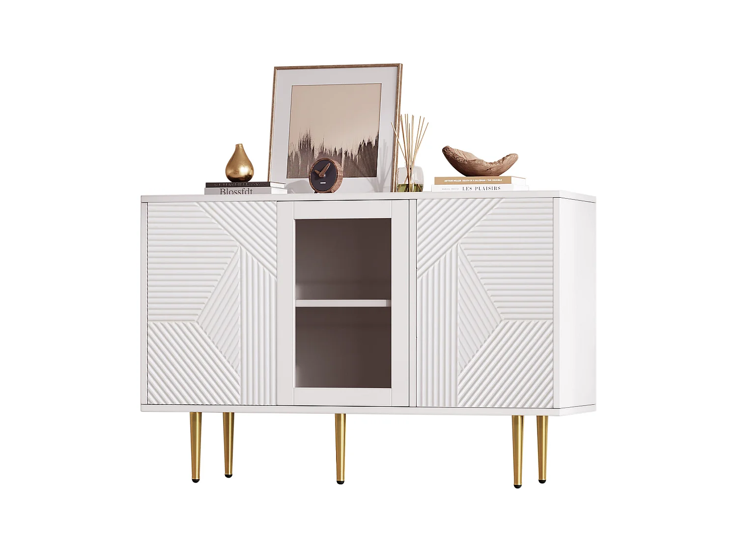 Buffet basso bianco 120 cm in pannello di legno con porte in vetro e piedi in metallo – stile moderno